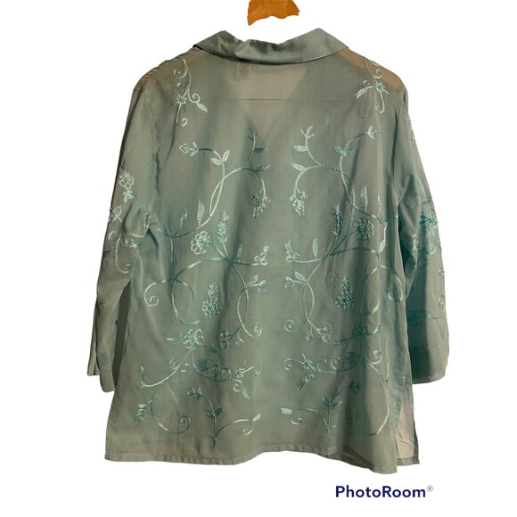Green Sheer Embroidered Button Down Blouse Large - Picture 2 of 7
